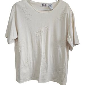 Ashley Hill Vintage Cream Embroidered Beaded Floral Short Sleeve Knit Top XL